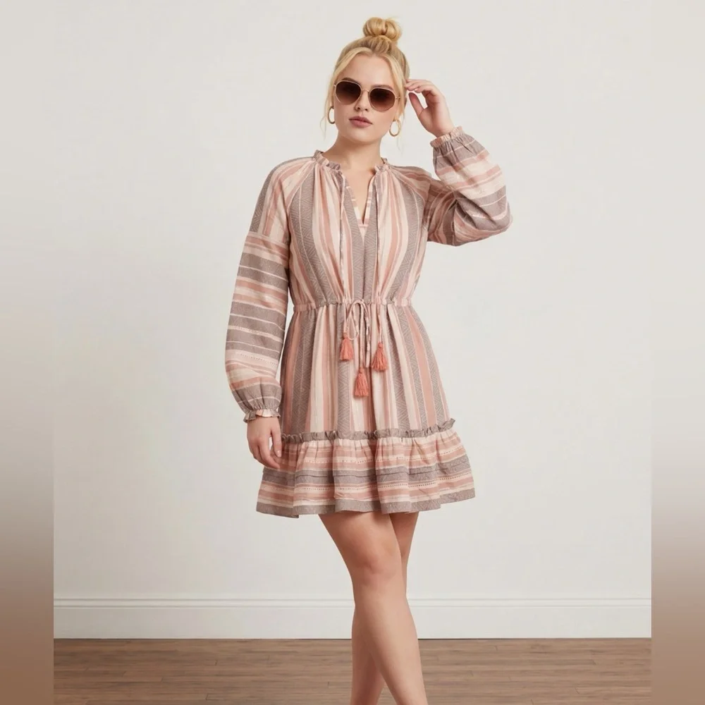 🌿 Veronica Beard Striped Cotton Mini‎ Dress | Tassel Tie | Boho Chic | Small